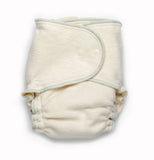 Soft beige cloth diaper with white trim and snaps, ready for use in a reusable diapering routine